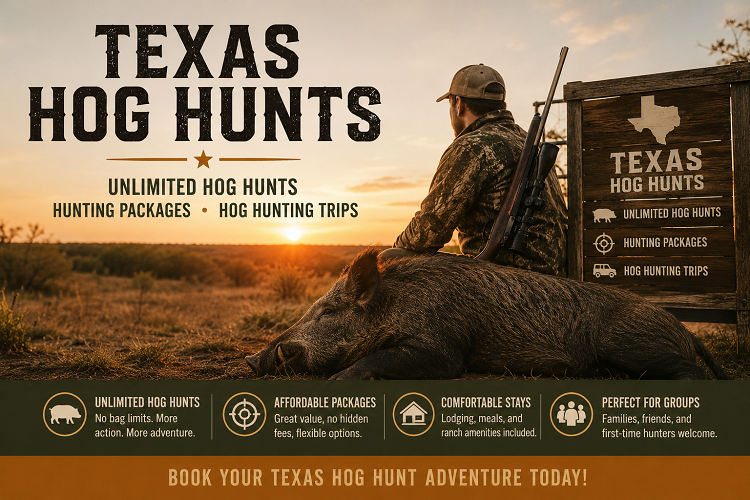 Texas hog hunts with unlimited hog hunting trips and hunting packages on a Texas ranch at sunset.